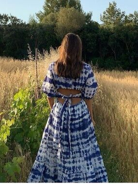 Mango Blue and White Tie-Dye Maxi Dress with Open Back